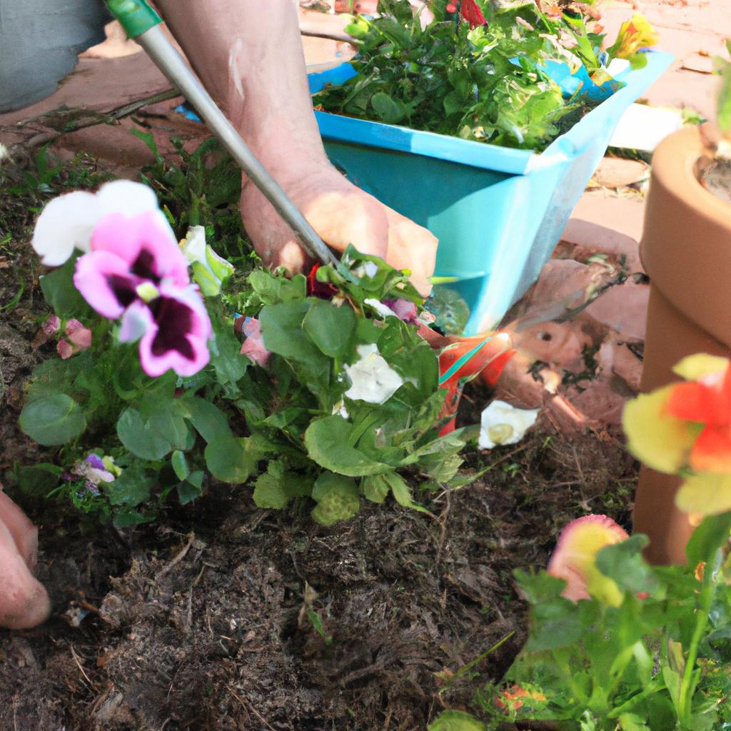 Person planting flowers in garden