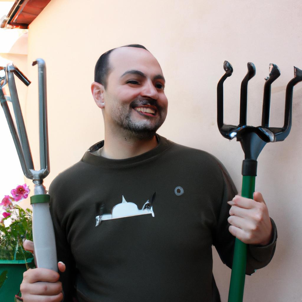 Person holding gardening tools, smiling
