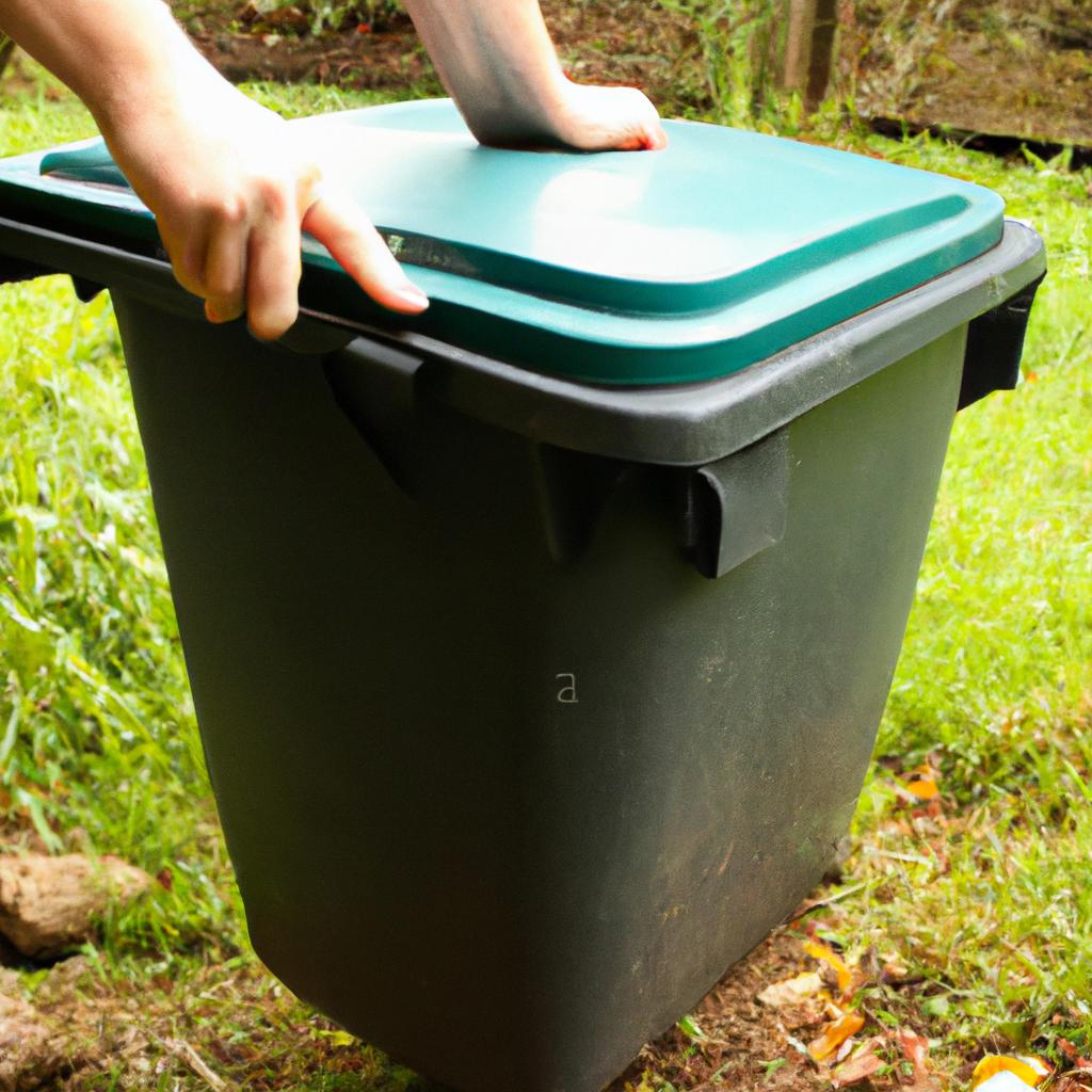 Person holding composting bin outdoors